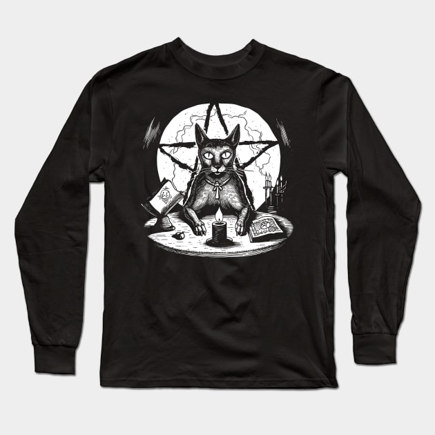 Witchy Pentagram Cat Long Sleeve T-Shirt by DankFutura